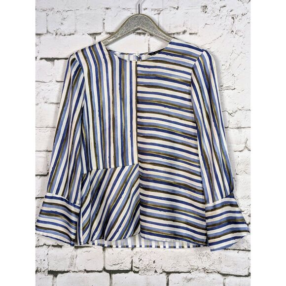 ZARA Watercolor Stripe Satin Blouse Career Casual Modern Contemporary Large - Picture 2 of 4